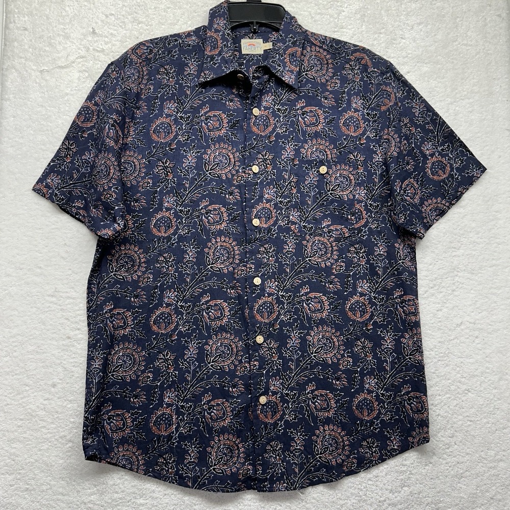 Faherty Mens Size M Blue Floral Coast Short Sleeve Button Up Hawaiian Shirt (J1)